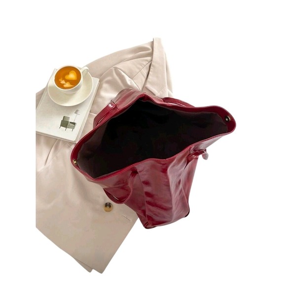 Chic Burgundy Faux Leather Tote Bag Oversized Shopper Shoulder Handbag - Picture 4 of 6